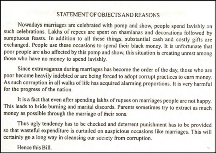 Prevention of Extravagance in Marriages_statement of objects and reasons