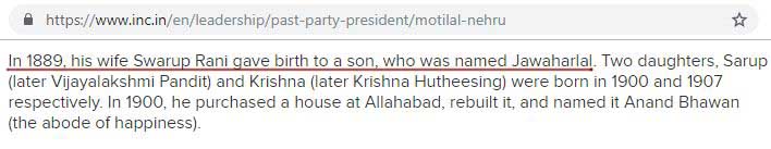 INC website info about Nehru's mother