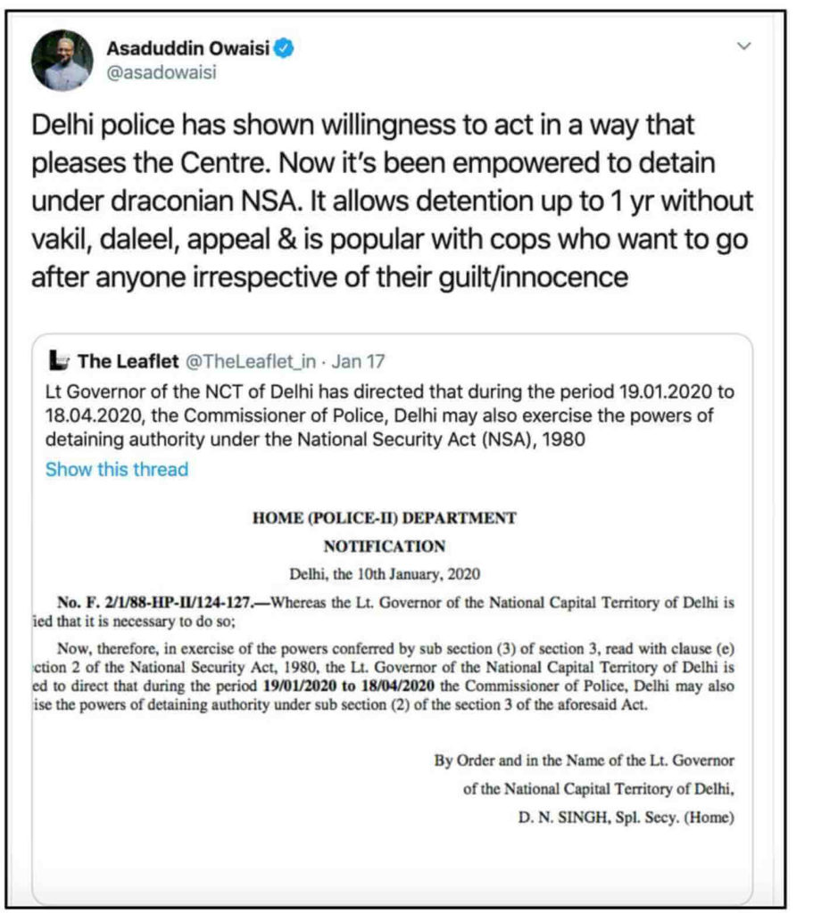 Delhi NSA Order_Owaisi Tweet