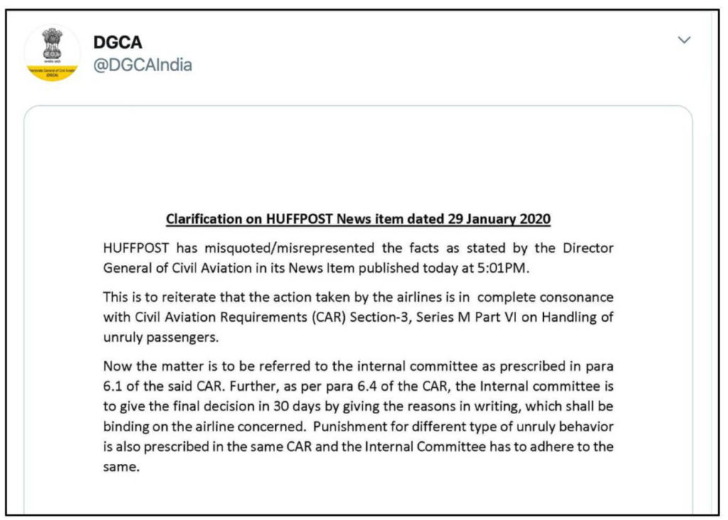 Kunal Kamra ban_DGCA Clarification on Huffpost article