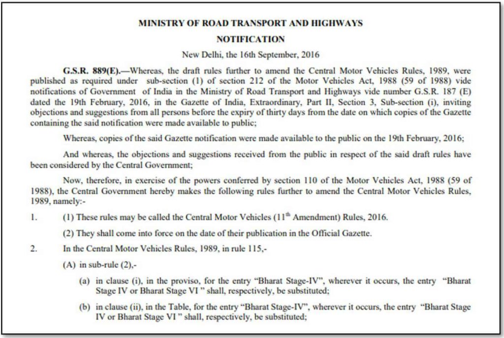 BS VI emission norms_Morth Notification