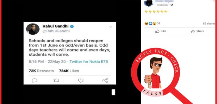 Rahul Gandhi did not tweet about reopening of schools and colleges on odd/even basis