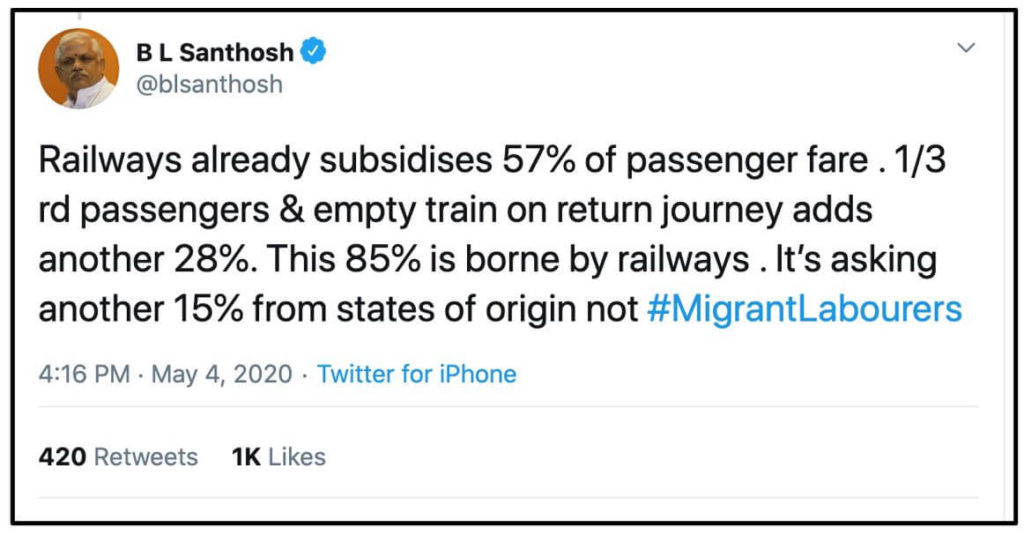 Train fare of Migrants_BL Santhosh tweet on 85%
