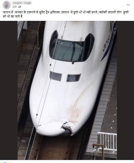 The Japanese bullet train in this photo suffered a crack on its bonnet  after hitting a man, not an animal - FACTLY