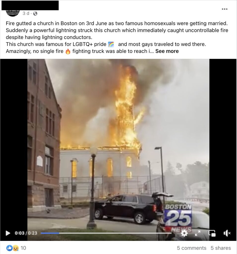 A same-sex couples wedding was not happening when this Church was struck by lightning image