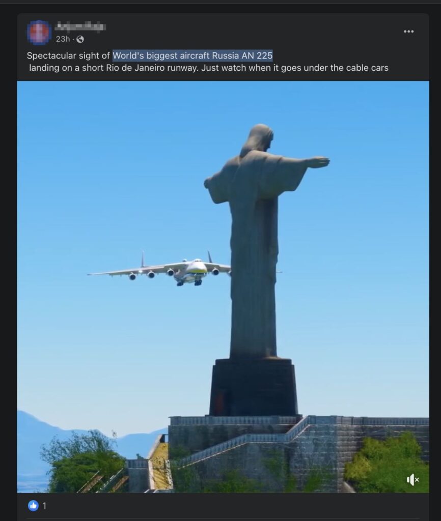 A 3D animated gaming video falsely shared as real visuals of Antonov An-225  Mriya landing at a runway in Rio De Janeiro - FACTLY