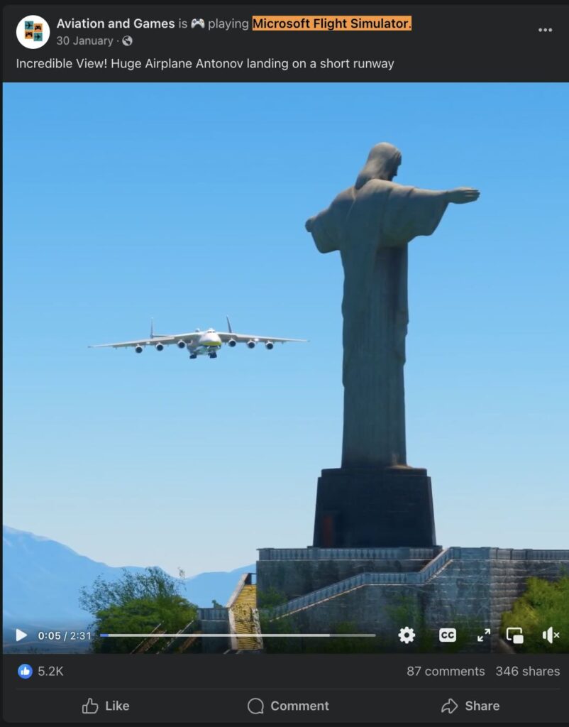 A 3D animated gaming video falsely shared as real visuals of Antonov An-225  Mriya landing at a runway in Rio De Janeiro - FACTLY